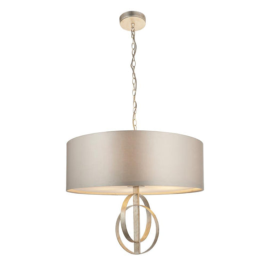 Hoop Detail Large Five Light Pendant In Silver Leaf With Mink Satin Fabric - ID 11170