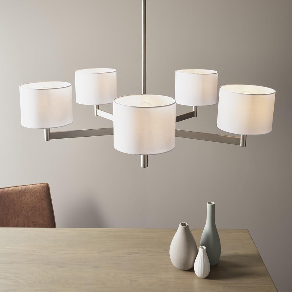 Large Five Lamp Contemporary Pendant In Matt Nickel With White Fabric Shades - ID 11147