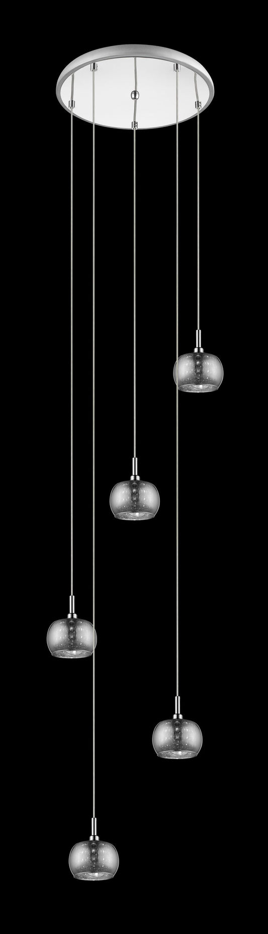 Smoked Glass & Chrome 5 Lamp Cluster Pendant With Glass Beads - ID 6405