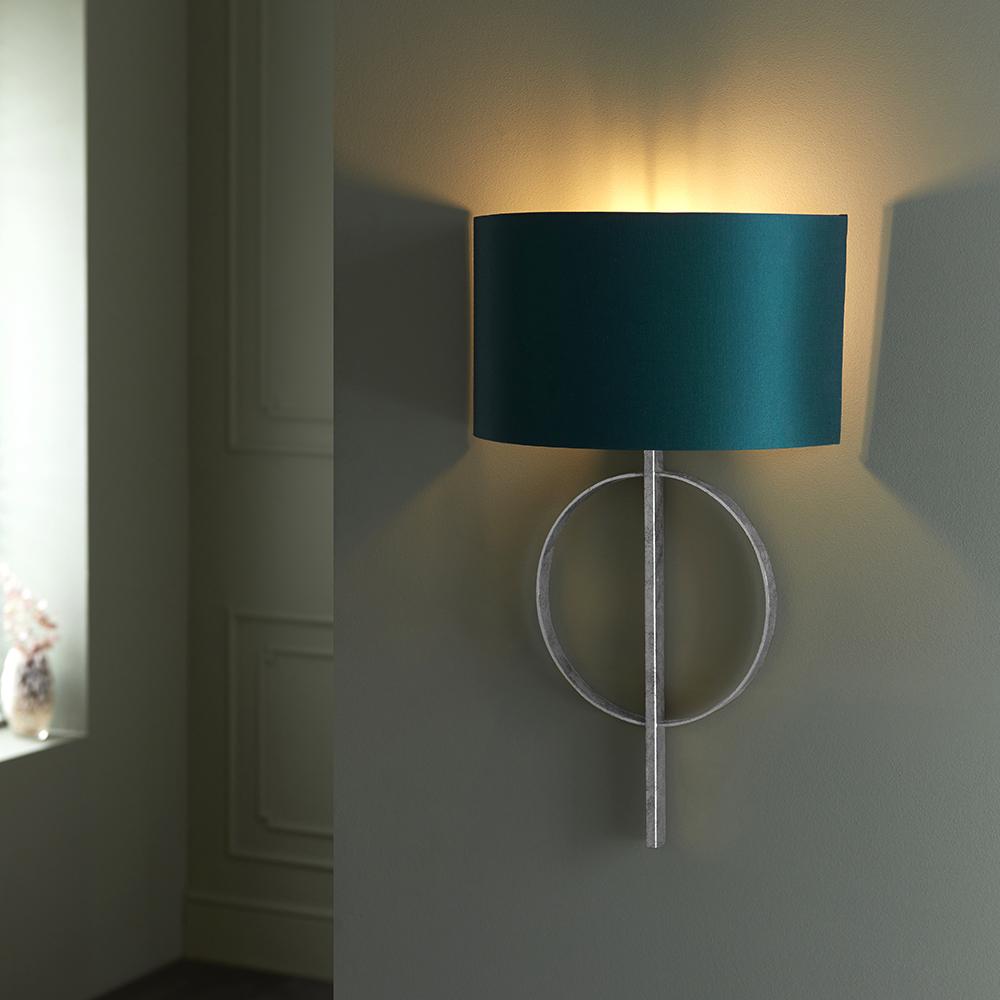 Hoop Detail Wall Light In Silver Leaf With Teal Satin Fabric - ID 11178