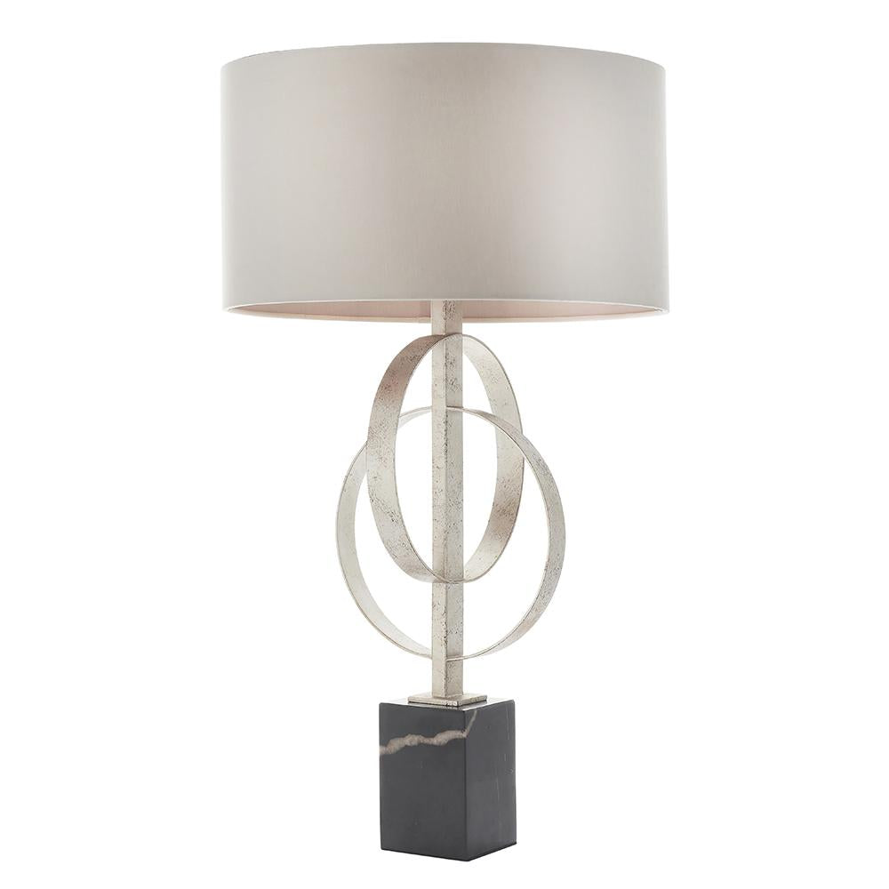 Hoop Detail Table Lamp In Silver Leaf With Mink Satin Fabric & Marble Base - ID 11173