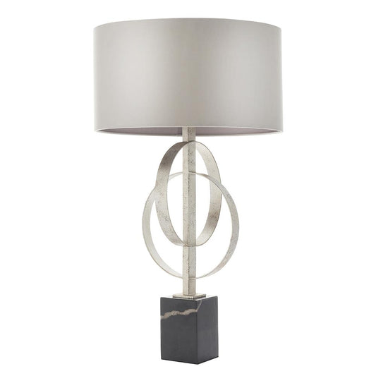 Hoop Detail Table Lamp In Silver Leaf With Mink Satin Fabric & Marble Base - ID 11173