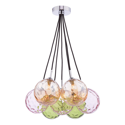 DIMPLE 7 Light Cluster Pendant In Polished Chrome With Mixed Coloured Dimpled Glass - ID 12198