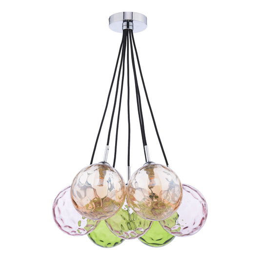 DIMPLE 7 Light Cluster Pendant In Polished Chrome With Mixed Coloured Dimpled Glass - ID 12198