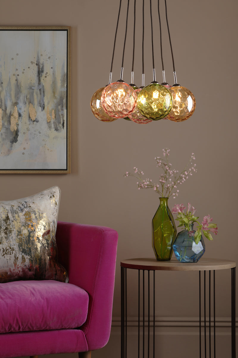 DIMPLE 7 Light Cluster Pendant In Polished Chrome With Mixed Coloured Dimpled Glass - ID 12198