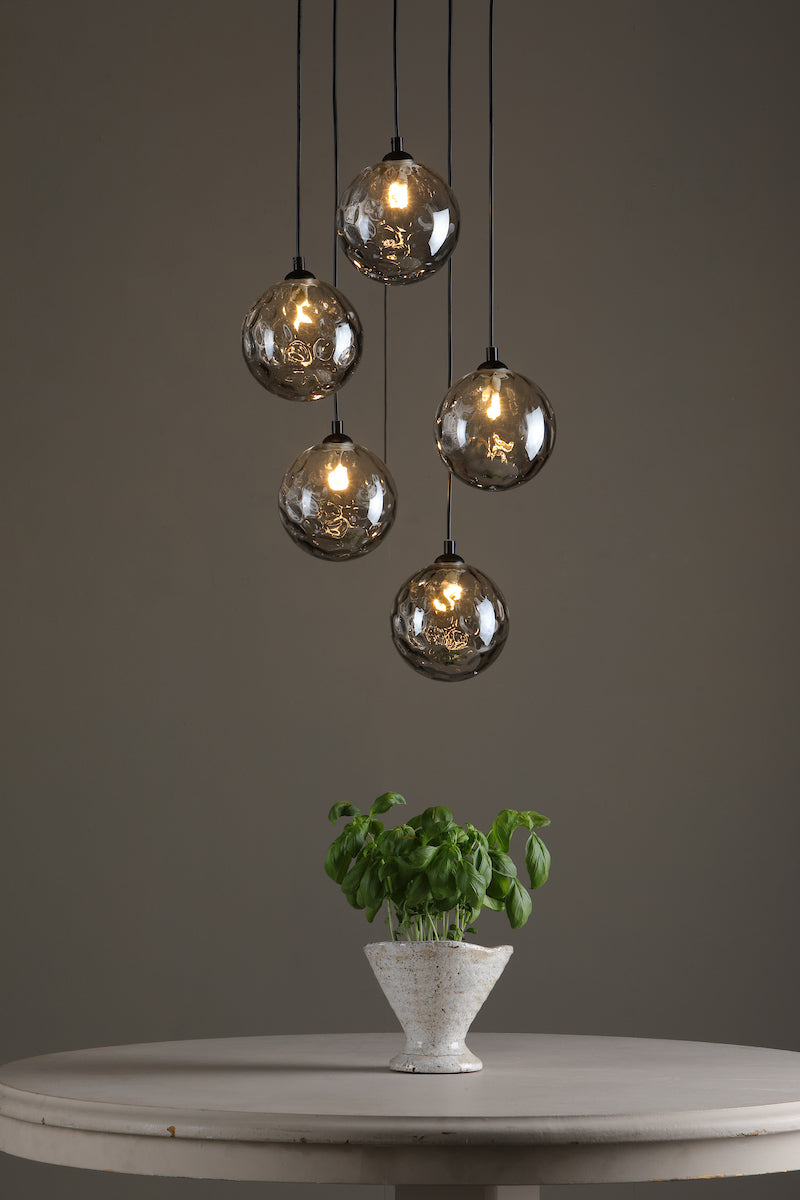 DIMPLE 5 Light Multi Pendant In Matt Black With Smoked Dimpled Glass - ID 12197