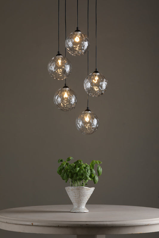 DIMPLE 5 Light Multi Pendant In Matt Black With Clear Dimpled Glass - ID 12196