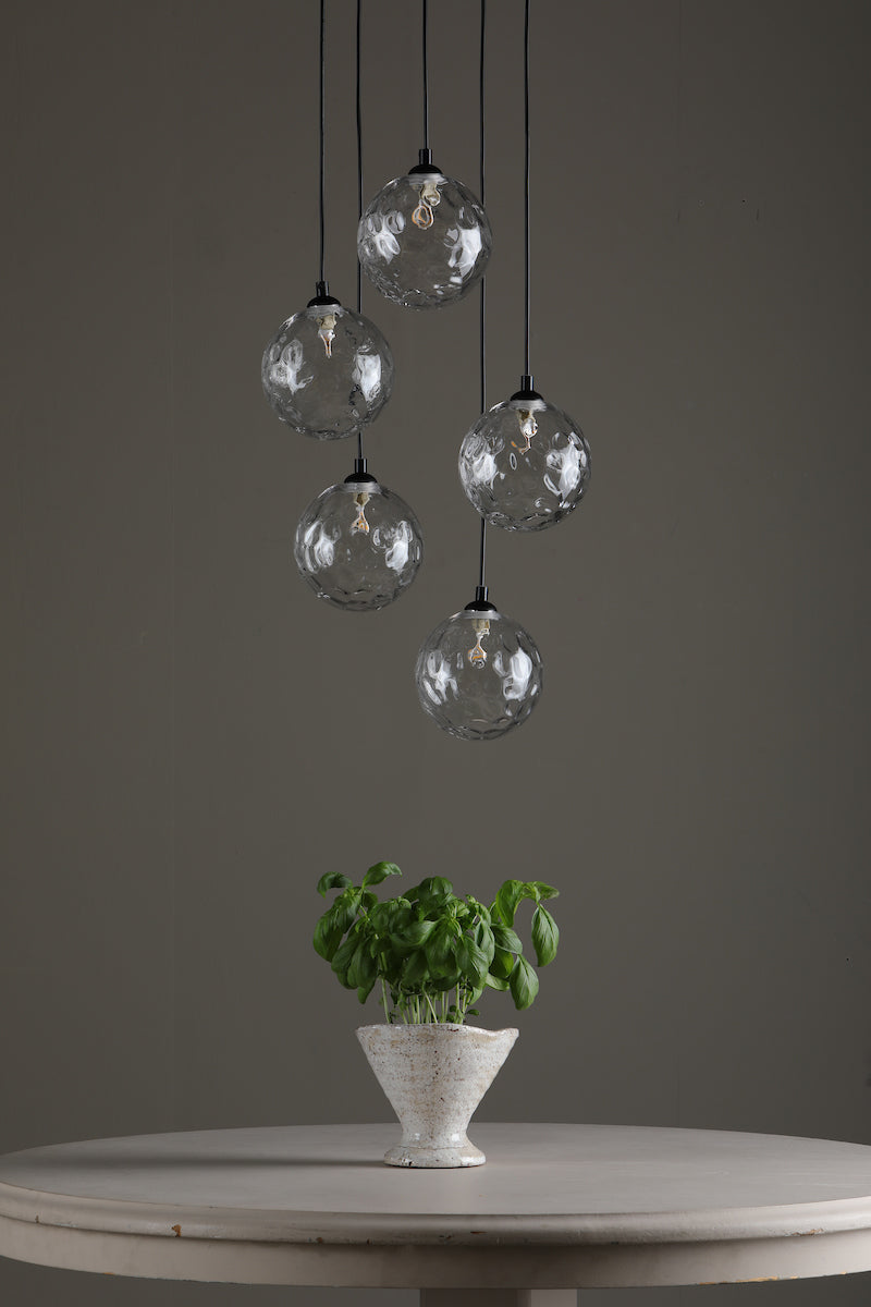 DIMPLE 5 Light Multi Pendant In Matt Black With Clear Dimpled Glass - ID 12196