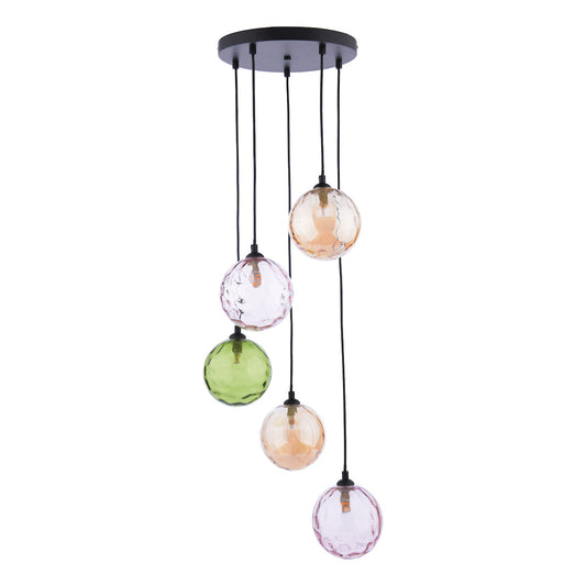 DIMPLE 5 Light Multi Pendant In Matt Black With Mixed Coloured Dimpled Glass - ID 12195