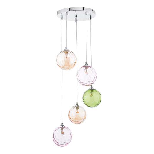 DIMPLE 5 Light Multi Pendant In Polished Chrome With Mixed Coloured Dimpled Glass - ID 12192