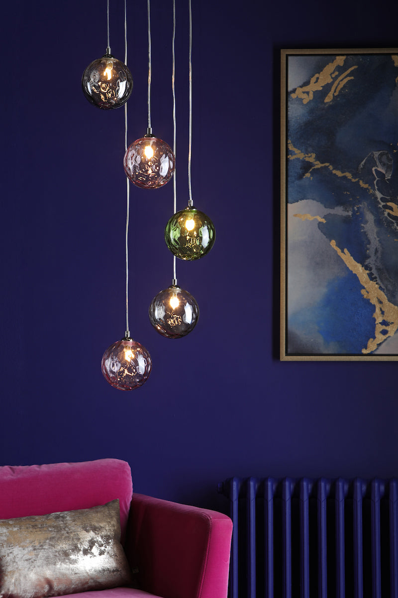 DIMPLE 5 Light Multi Pendant In Polished Chrome With Mixed Coloured Dimpled Glass - ID 12192