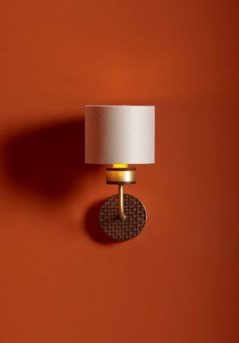 Hunter Brass & Brown Wall Light With Limestone & Gold Linen Shade (Shade Colour Options Available) - ID 10273