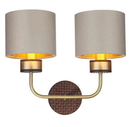 Hunter Brass & Brown Double Wall Light With Swan & Gold Satin Shades (Shade Colour Options Available) - ID 10276