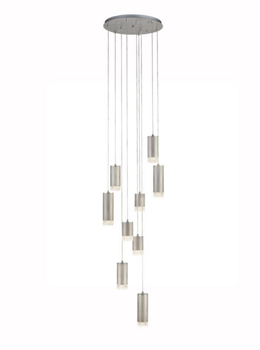 Stepton Brushed Satin Nickel & Textured Glass 9 Light Multiple Drop Pendant - ID 10632