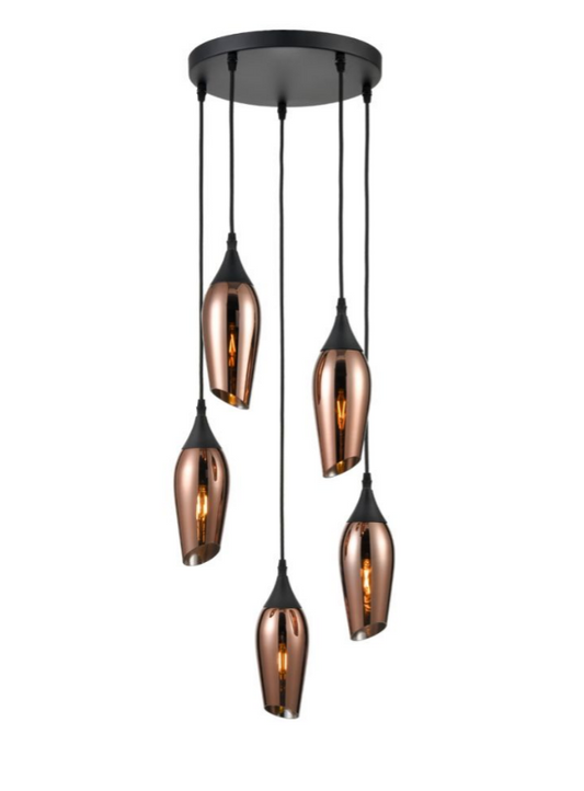 Bexley Angle Cut Copper Coloured Glass 5 Light Multi Drop Pendant - ID 9562