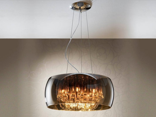 Smoked Glass & Chrome Large 6 Light Pendant With Crystal Drops - ID 8737