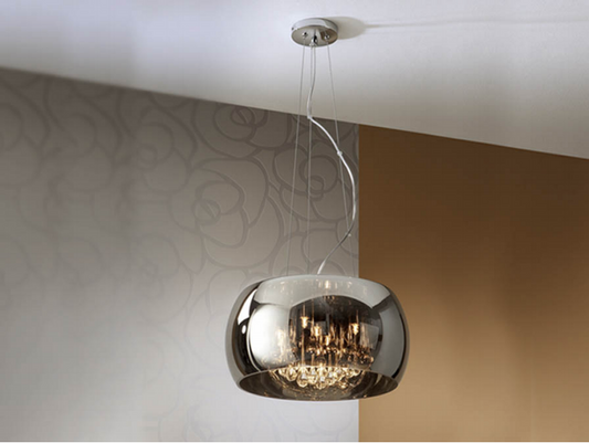 Smoked Glass & Chrome Medium 5 Light Pendant With Crystal Drops - ID 8451