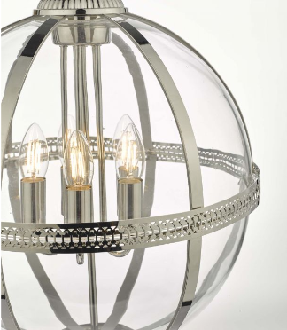Cannich 5 Light Orb Lantern Pendant In Polished Nickel And Clear Glass - ID 9456