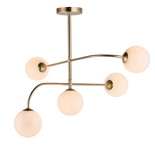 Aultbea Brushed Brass & Opal Glass 5 Light Ceiling Light - ID 9648