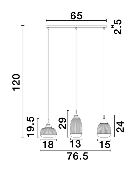 MON Clear Lined Enclosed Glass & Gold Metal 3 Light Linear Bar Pendant - ID 10028