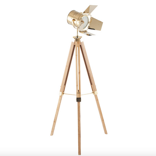 Natural Wood Tripod Floor Lamp with Gold Head - ID 10668