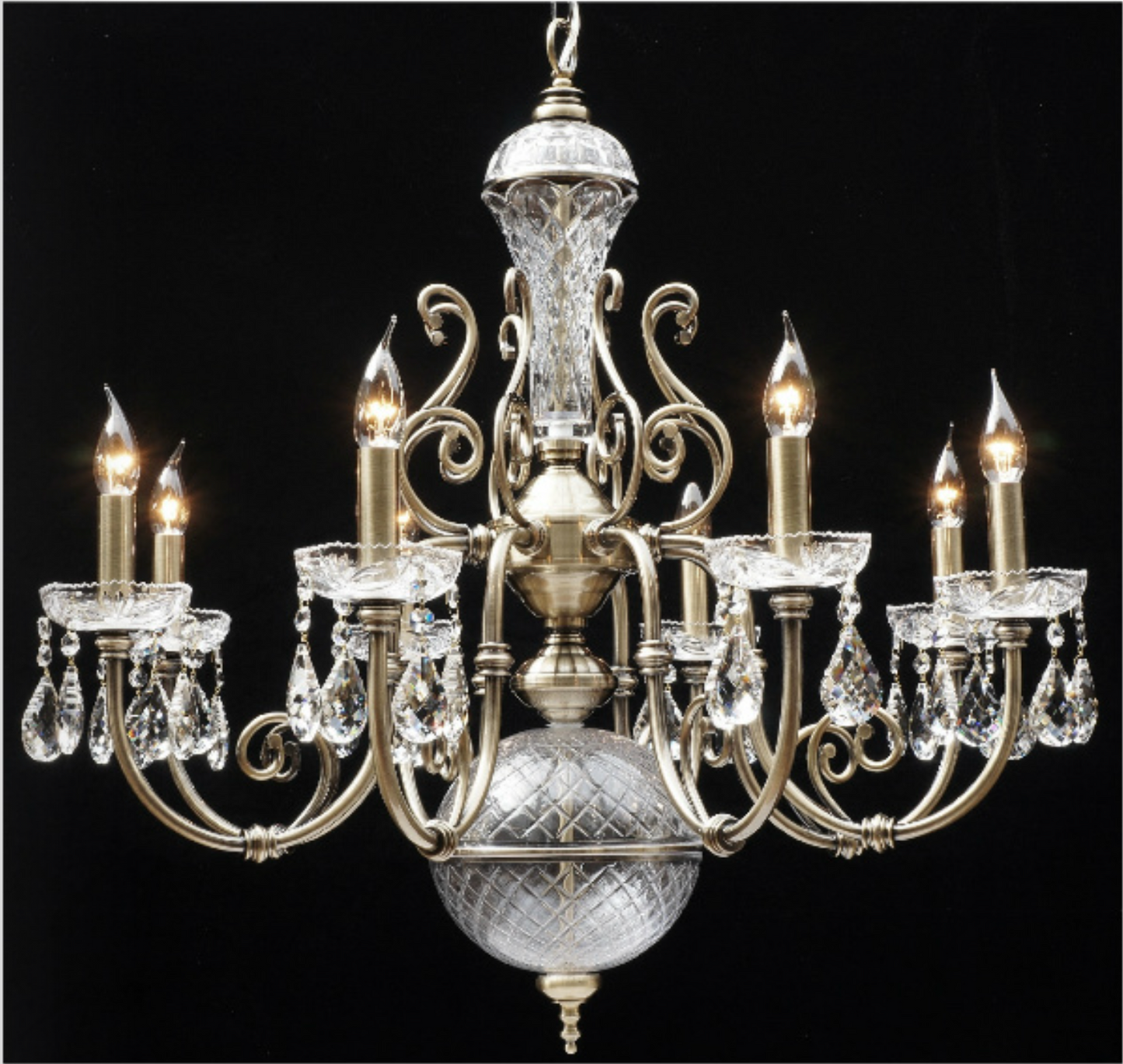 REM 8 Arm Antique Brass Chandelier With Glass & Crystal Detail - ID 11512