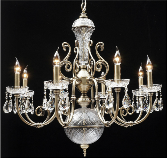 REM 8 Arm Antique Brass Chandelier With Glass & Crystal Detail - ID 11512