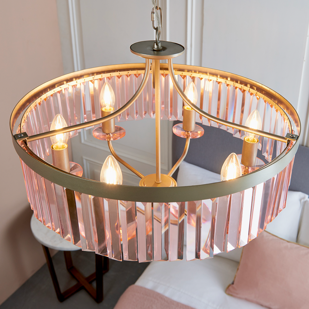 Round champagne and rose pink cut glass chandelier - ID 11743