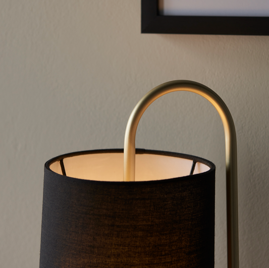 Oval structural antique brass table light with black fabric shade - ID 11391