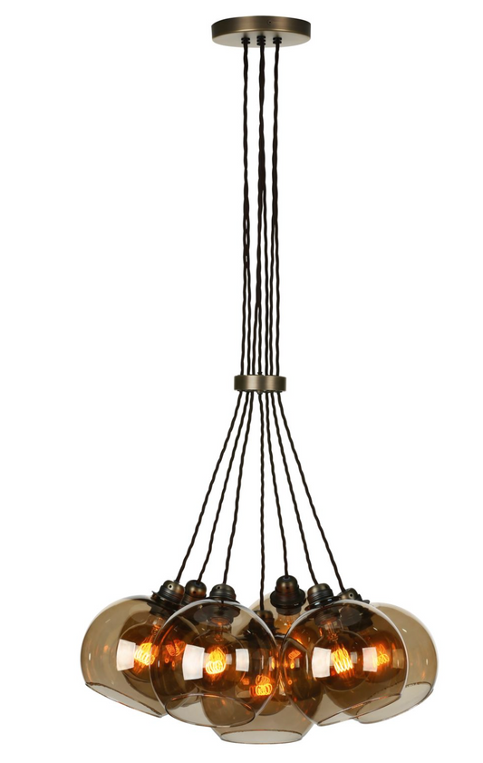 Seven Light Cluster Pendant, Brass and Amber - ID 12065