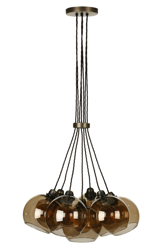 Seven Light Cluster Pendant, Brass and Amber - ID 12065