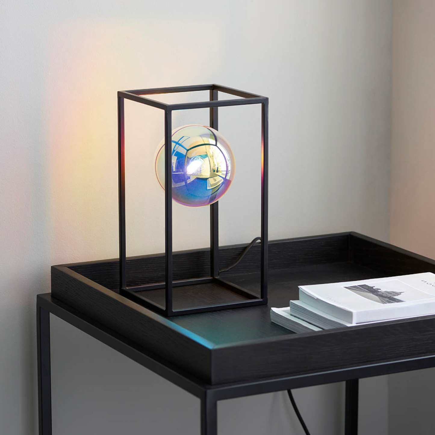 Matt Black Open Frame Table Light With Iridescent Glass - ID 12103