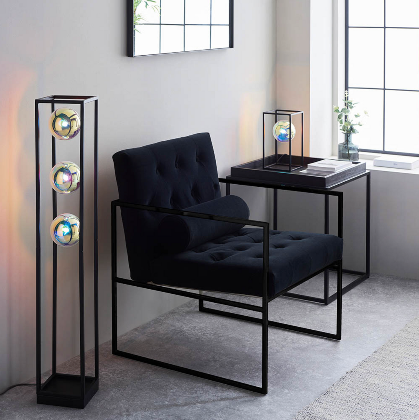 Matt Black Open Frame Table Light With Iridescent Glass - ID 12103