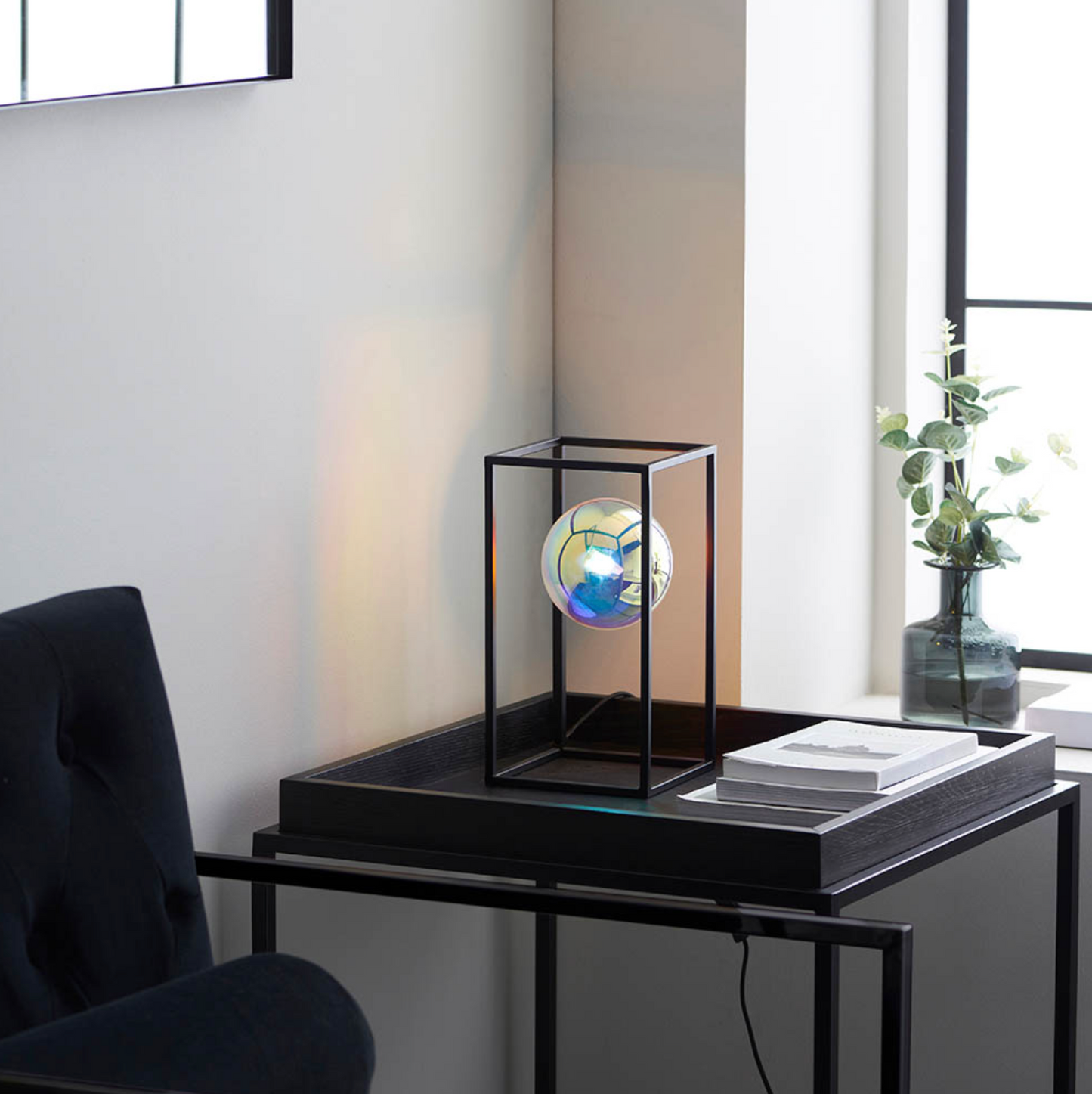 Matt Black Open Frame Table Light With Iridescent Glass - ID 12103