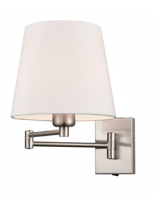 Satin Nickel Swing Arm Switched Wall Bracket, Off White Linen White Shade - ID 12126