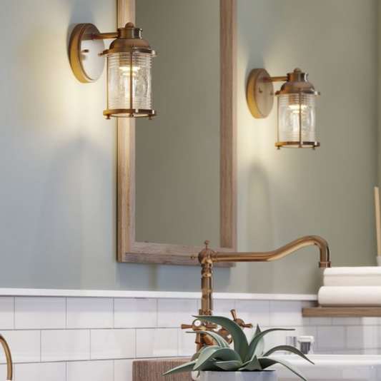 Nautilus Brass & Seeded Clear Glass IP44 Bathroom Wall Light