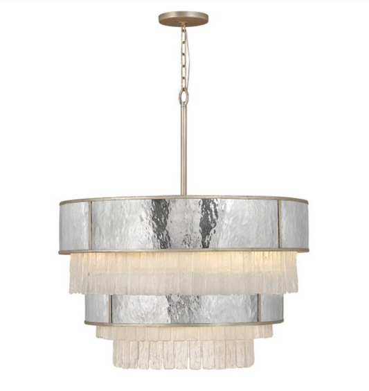 REV Opulent Hammered Stainless Steel & Textured Glass Twelve Lamp Chandelier - ID 12483