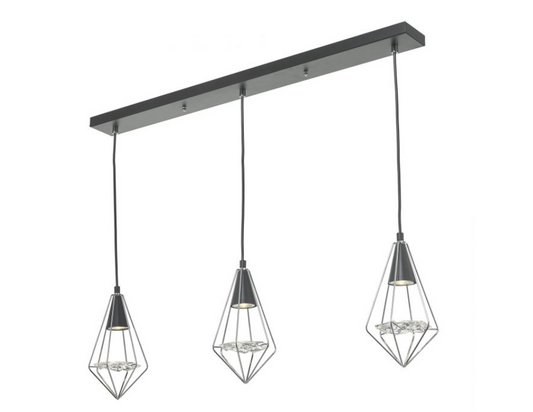 Torridon 3 Light Linear Bar Pendant In Black & Chrome With Glass Feature - 9490