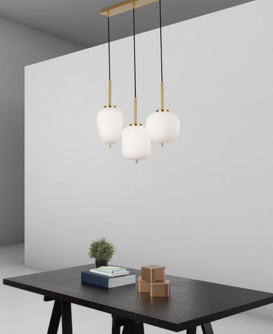 LAT Brass & Opal Glass Linear Triple Pendant - ID 9953