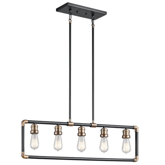 Five Light Black and Brass Linear Chandelier